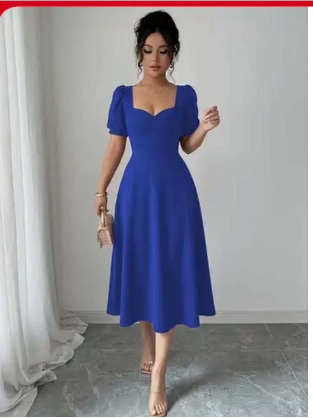 Elegant Royal Blue Midi Dress with Puff Sleeves